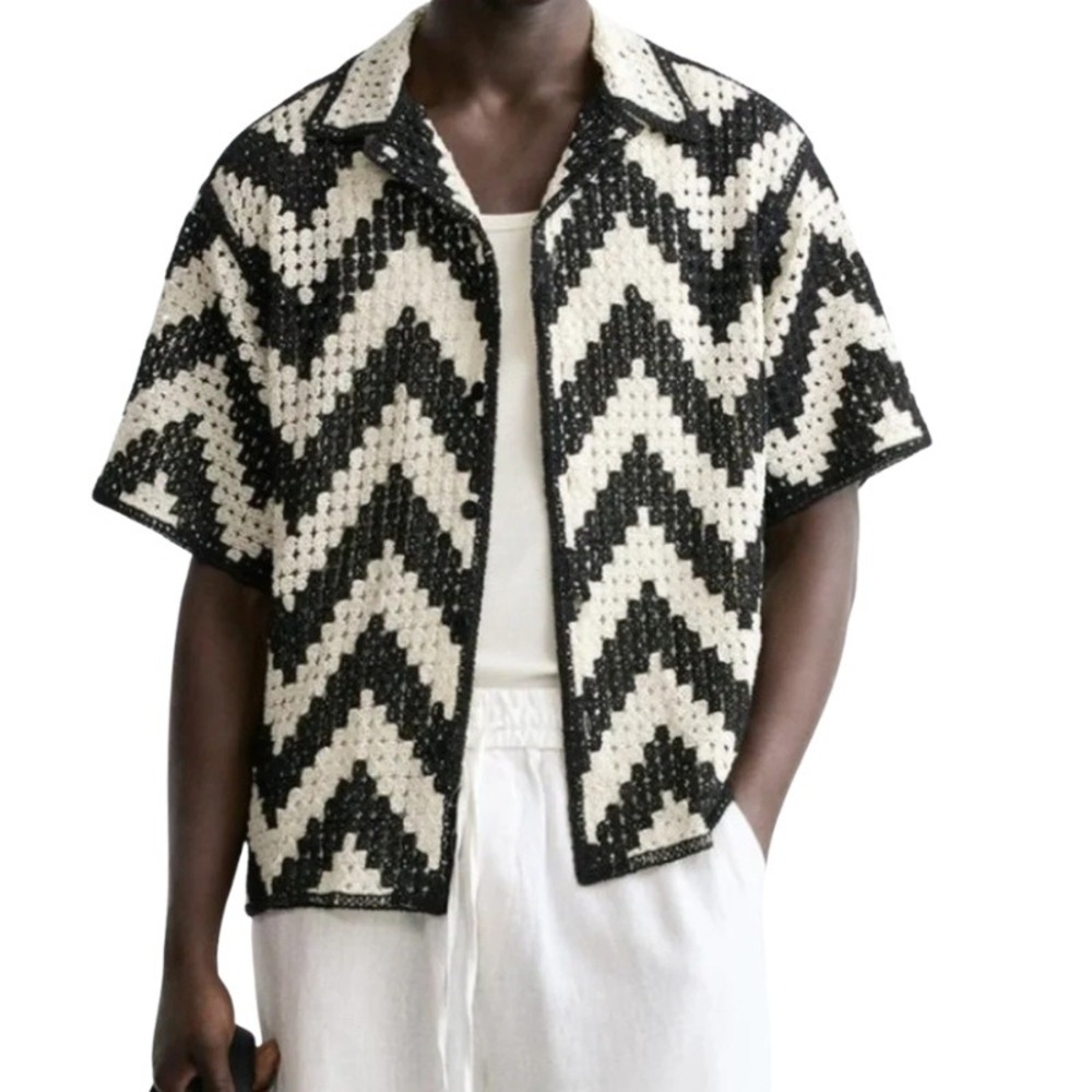 Zara Crochet Knit Button Down Shirt NWT Black White Mens Size Medium